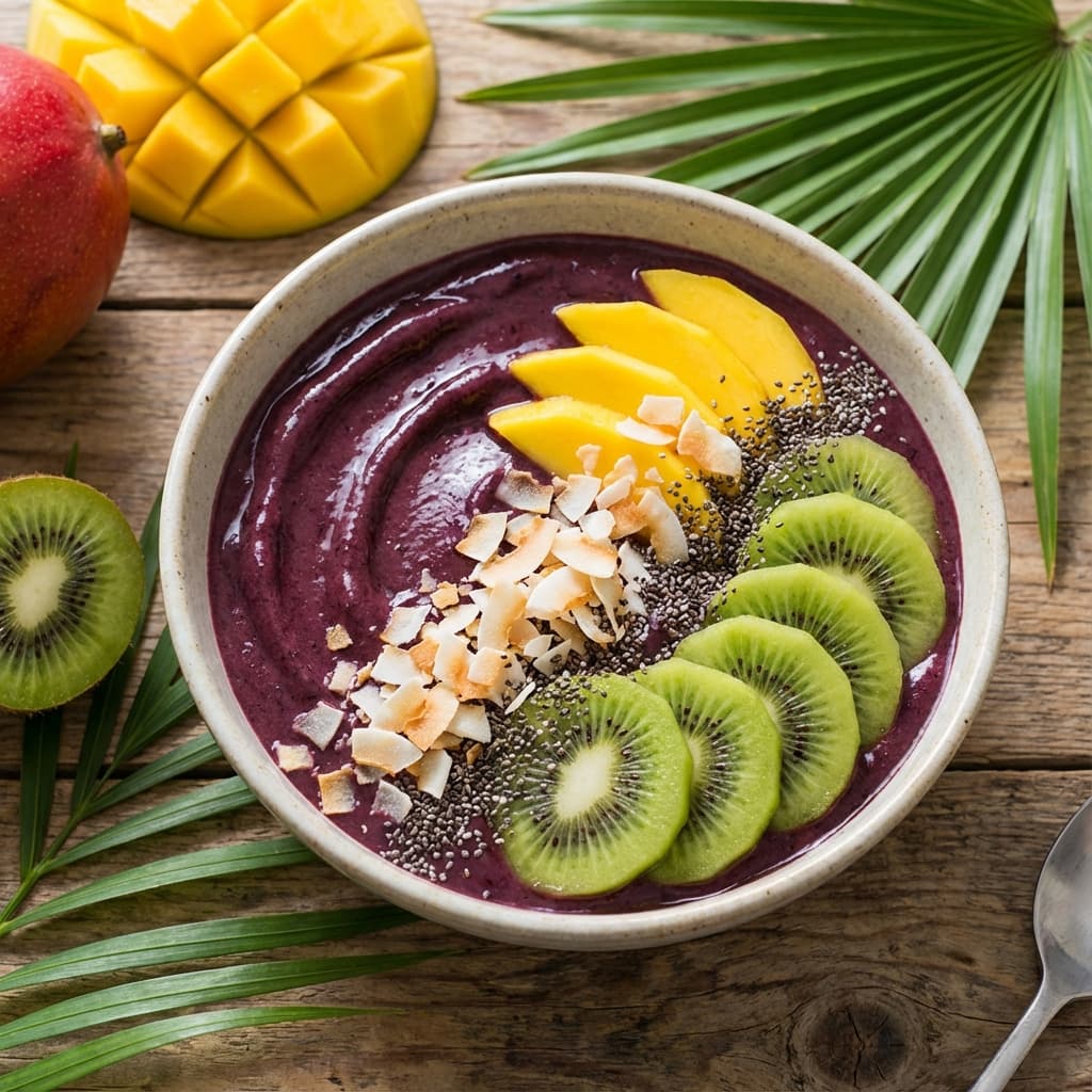 Tropical Soul - Base de açai con mango, kiwi, coco rallado tostado, semillas de chía y maracuyá.